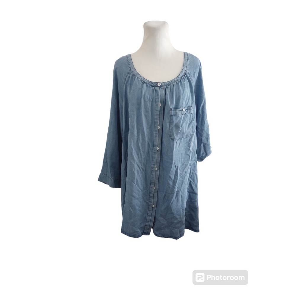 Intro Long Roll Tab Sleeve Button Front Lyocell Chambray Plus Size 2X Jean Denim